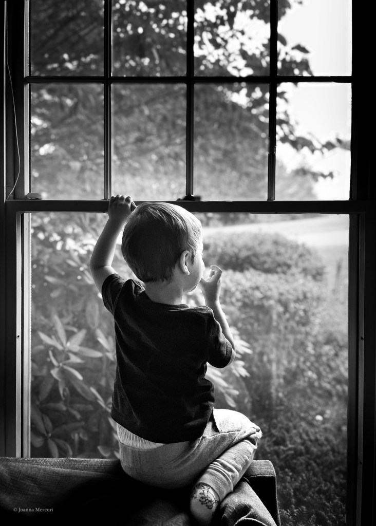 A little boy sucks his thumb and gazes out a window
